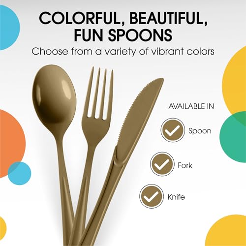 Party Solids Gold Plastic Spoons 200 Pieces Gold Spoons Disposable Utensils Heavy Duty Plastic Cutlery Set Disposable Cutlery Sets Flatware Sets Silverware Set Party Supplies & Party Tableware (Gold / Spoons)