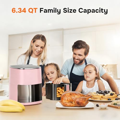 12-in-1 Air Fryer 6.34 Qt, Digital Preset Airfryer with Visible Window, Nonstick and Dishwasher-Safe Basket, Air Fry, Roast, Bake, Dehydrate, Fries, 1700W, Pink (Pink-6.34Qt / 6.34 Qt)