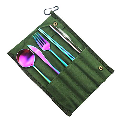 Reusable Travel Utensils (Green Pouch / Rainbow)