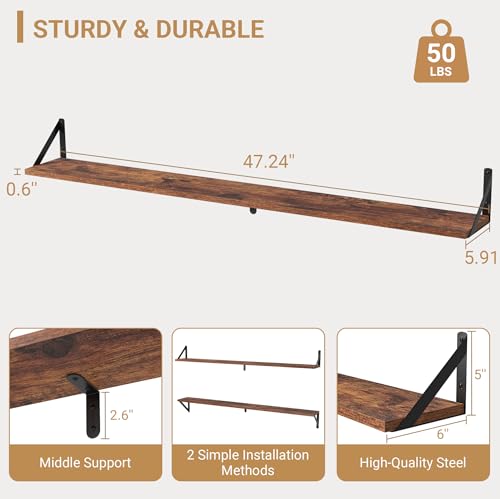48 Inch Large Wall Bookshelves Set of 3 (Rustic Brown / 47.24"W x 5.9"D x 5.4"H,Set of 3)
