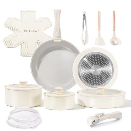 Ceramic Nonstick Pots and Pans Set 19 Piece with Detachable Handle