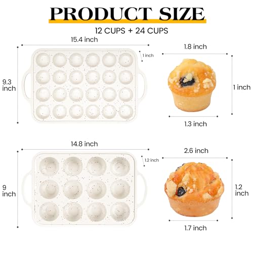 12+24 Cups Silicone Muffin Pans for Baking with Metal Frame (Cream / Mini+Regular)