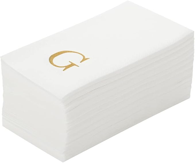 Luxenap 15.8 X 7.9 Inch Linen-Feel Guest Towels, 50 Lettered Hand Towels - Gold Letter 'G', Sans Serif Font, White Paper Dinner Napkins, airlaid, For Restrooms And Tables - Restaurantware