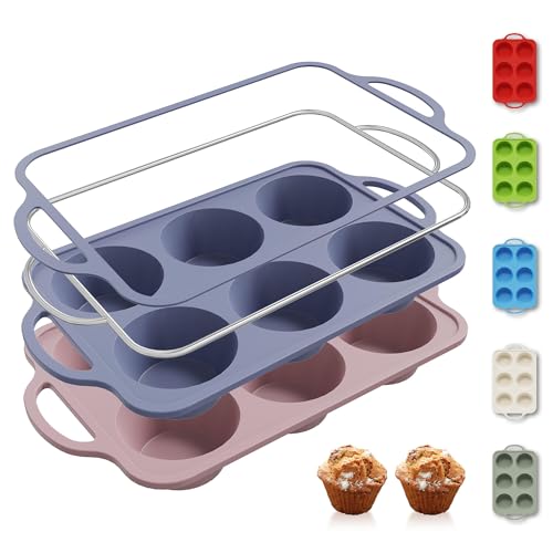 2 Packs 6 Cups Silicone Muffin Pan with Metal Reinforced Frame Jumbo Size Cupcake Pan Tray Egg Bites Silicone Circle Cookie Molds Extra Large Muffin Tin Tart Pans for Breakfast Sandwiches (2pc: 6-Cup Jumbo / Morandi Pink & Morandi Blue)