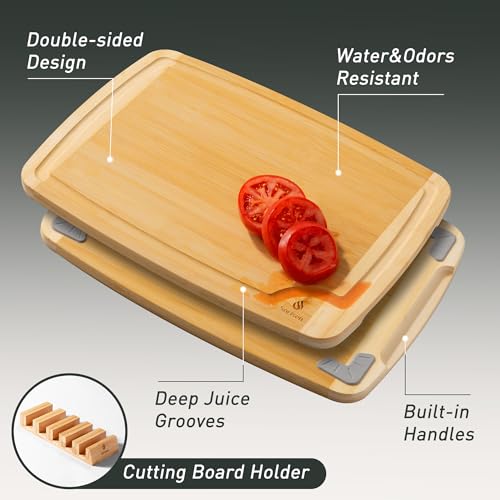 Bamboo Cutting Board Set Non Slip Feet with Holder Over Sink Wooden Cutting Boards Eating Grilling Biard Cutboard Biard Chtting Woodcutting Cuttingboards Voard Oard Bord 12x18 11 x 14 Baords Baord (5 Pack with Holder / Two-Tone Bamboo)
