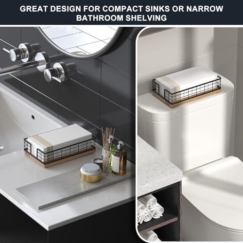 Guest Towel Holder Tray for Bathroom (Black/Acacia / 9.06 x 5.51 x 2.56 inches)