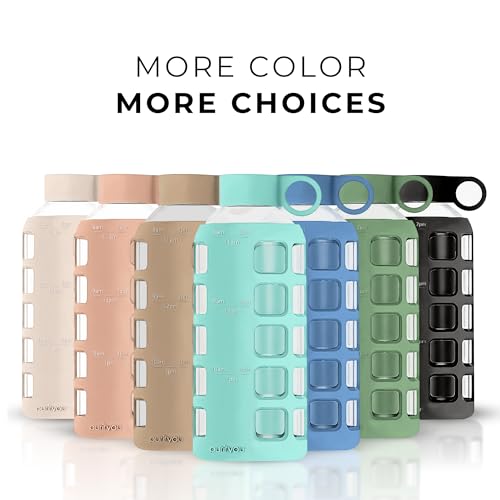 40oz / 32oz / 22oz / 12oz Borosilicate Glass Water Bottle with Time & Volume Markers, Silicone Sleeve, Stainless Steel Lid | Reusable Glass Bottle for Water & Juice (22oz Glow-in-the-Dark) (Glow-in-the-Dark (1 Count) / 22 Ounces)