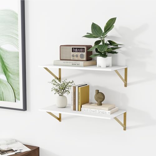 24W x 12D Deep Floating Shelves Set of 2 White & Gold (White With Golden Bracket / 24Wx12Dx5.8H)