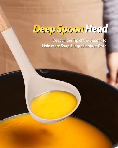 Silicone Soup Ladle and Pasta Spoon Set with Wooden Handle (2 Count)