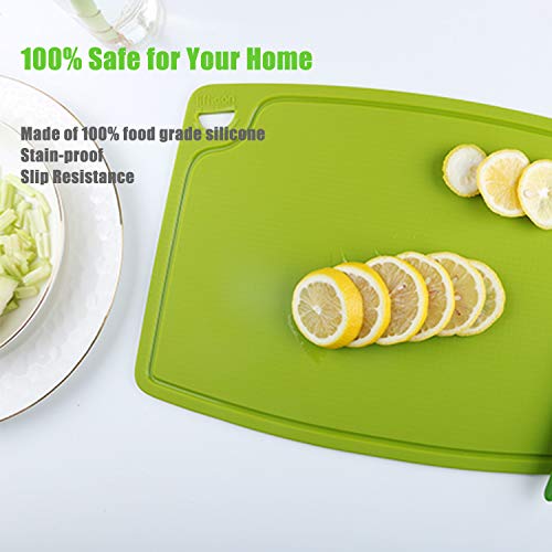 Silicone Thick Cutting Boards Mats Set of 3 Foldable & Flexible Design Juice Grooves Easy Grip Handle Dishwasher Safe for Kitchen (9.1"L x 7.1"W, 12.6"L x 9.1"W & 14.6"L x 10.4"W / Green)