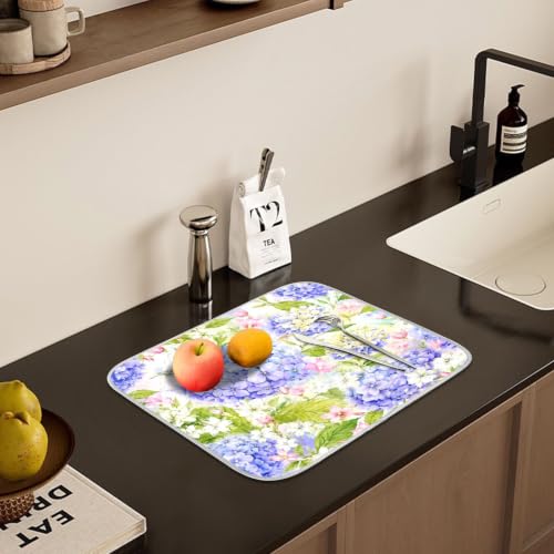 Floral Hydrangea Garden Dish Drying Mat for Kitchen Counter Absorbent Microfiber Small Drying Pad Dish mats for Kitchen Countertops 16 x 18 Inch (Spring Summer Flowers / 18" x 16")