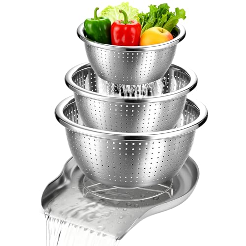 Stainless Steel Colander Set with Self (3 Sizes Stainless Steel Colander Set with Self-Draining Base Plate)