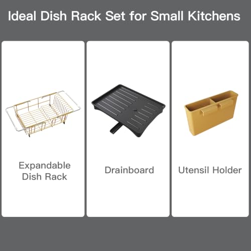 Gold Expandable Dish Drying Rack Over Sink with Extra Drainboard (Gold / For 11.5"-16" W Sink with Cup Holder & Drainboard)