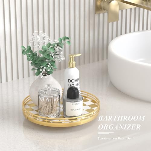 10 Inch Gold Checkerboard Lazy Susan Vanity Tray with Metal Rail (Gold & White / 10 inches)