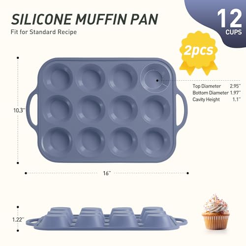 2 Packs 12 Cups Silicone Muffin Pan with Metal Reinforced Frame Regular Size Cupcake Pan Tray Egg Bites Silicone Circle Cookie Molds Muffin Tin Tart Pans Baking Sheet Set for Breakfast Sandwiches (2pc: 12-Cup Regular / Morandi Blue)