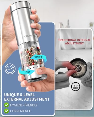 Battery Operated Electric Salt and Pepper Grinder Set with Base (Battery Operated Set with Base - Silver - Plus)