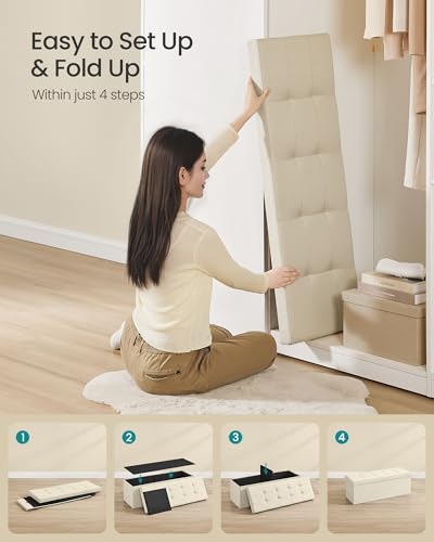 43.3 Inches Folding Storage Ottoman Bench (Cream White / 15"D x 43"W x 15"H (without Flipping Lid))