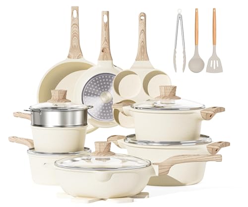 Kitchen Cookware Sets Pots and Pans Set Non Stick 21 Pcs (Cream White / 21 Piece Egg Pan Set)