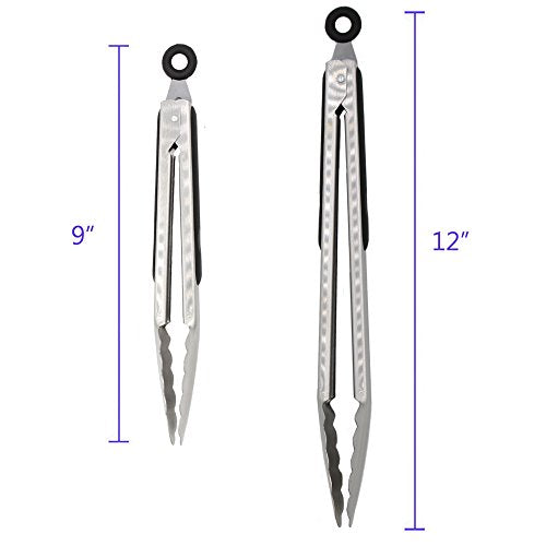 304 Stainless Steel Kitchen Cooking Tongs (9" & 12" / Black)
