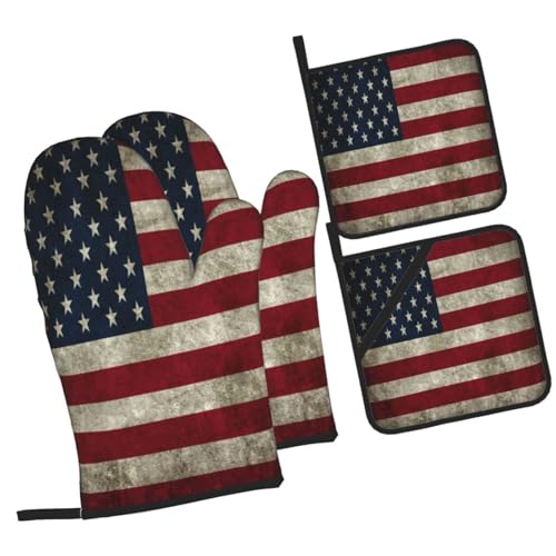Retro American Flag Oven Mitts and Pot Holders Sets of 4 High Heat Resistant Oven Mitts with Oven Gloves and Hot Pads Polyester Potholders for Kitchen Baking Grilling Non