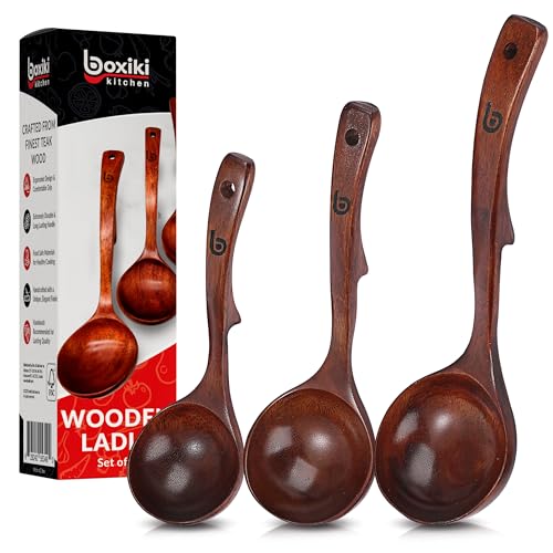 Soup Ladle Luxury Teak Wood Ladle Set of 3 (Brown Teak Soup Ladle Set)
