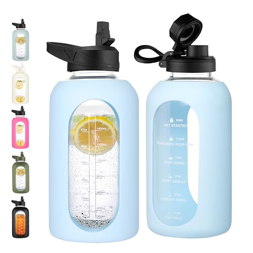 64 oz Glass Water Bottle with Straw (Light Blue / 64 Ounces)
