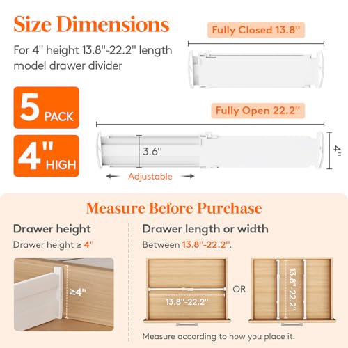 5 Pack 4" High Drawer Dividers (4"H, 13.8-22.2"L)
