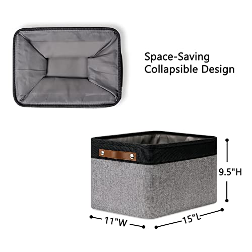 4 Pack Large Canvas Storage Bins with Handles 15"x11"x9.5" Fabric Storage Baskets for Shelves Cloth Bins for Organizing (Black&Grey / L-15"x11"x9.5")