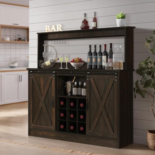 47" Farmhouse Coffee Bar Cabinet with Storage Hutch (47Inch / Dark Oak)