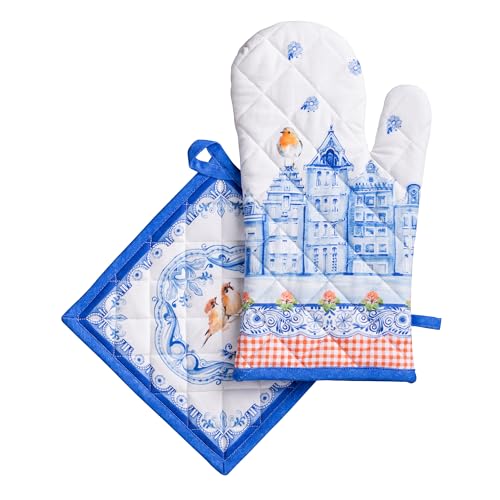 100% Cotton Oven Mitt & Pot Holder Set (008 - Amsterdam Canals / 7.5" x 13" & 8" x 8" (Oven Mitt & Pot Holder))