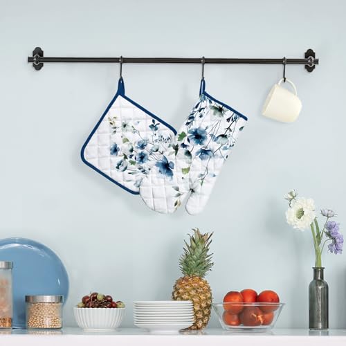 Blue Watercolor Flower Oven Mitts and Pot Holder Set (Blue Watercolor Flower / Oven Mitt x1 & Pot Holder x1)