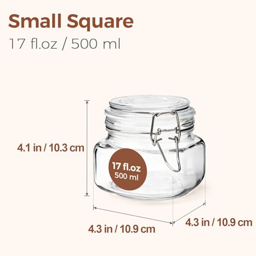 Square Small 17 oz Glass Jars with Airtight Lids 6 Pack Wide Mouth (17 fl oz x 6)