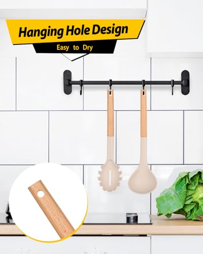 Silicone Soup Ladle and Pasta Spoon Set with Wooden Handle (2 Count)