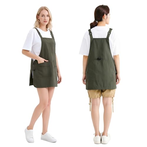 Waterproof Reversible Adjustable Bib Apron with 6 (6 Pockets Olive Green)