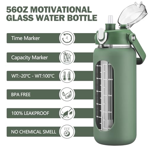 56oz Glass Water Bottles with Straw (Olive / 56 Ounces)