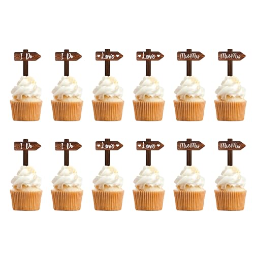 Rustic Wedding Cake Decoration Set Just Married Cake Topper & 12 PCS Wedding Cupcake Toppers in Wood (Set)