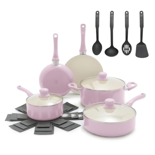 16pc Ceramic Nonstick Pots & Pans Cookware Set (16 Piece Cookware Set / Bloom / Pink)