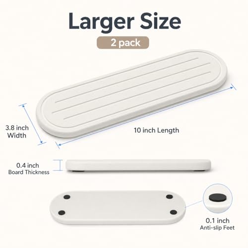 2PCS Water Absorbing Stone Drying Tray Mat for Bathroom Sink & Kitchen Counter Faucet Organizer Decor (2 Pack - Natural White / 10"x 3.8")