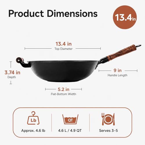 Cast Iron Wok Pan with Wooden Lid (13.4 Inch)
