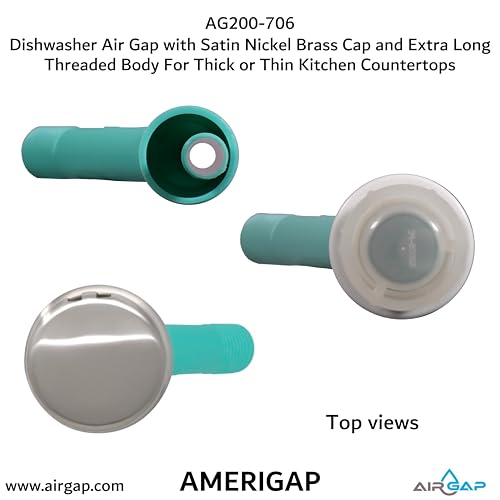 Dishwasher Air Gap with Skirted Satin Nickel Brass Cap and Extra Long Threaded Body for Thick or Thin Kitchen Countertops (AG200-706)