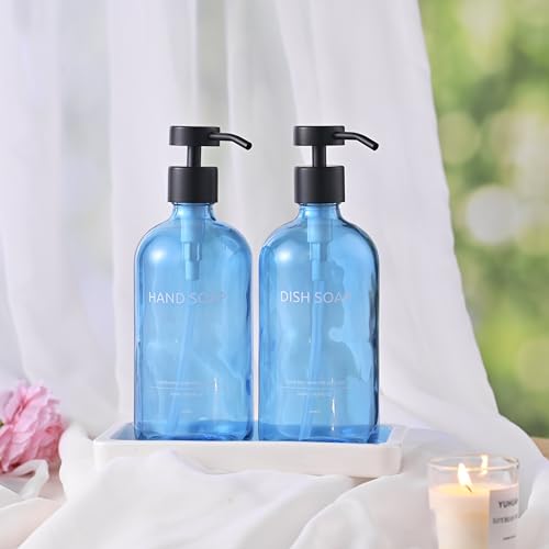 Glass Kitchen Soap Dispenser Set with Ceramic Tray (Blue Bottles + Black Pumps)