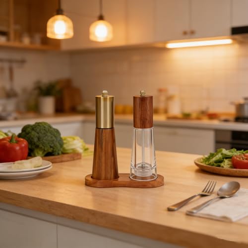 Wooden Salt and Pepper Grinder Set with Base And Acrylic Body Pepper Mill (Gold-Brown+Acrylic)