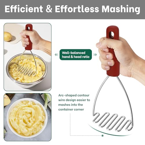 Ergonomic Soft Grip Stainless Steel Potato Masher (Red)