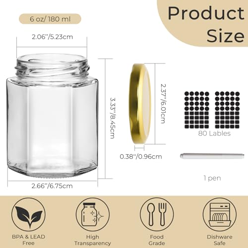 30 Pack 6 oz Clear Hexagon Glass Jars with Gold Lids (6 oz Glass Jars with Gold Lids - 30 Pack)