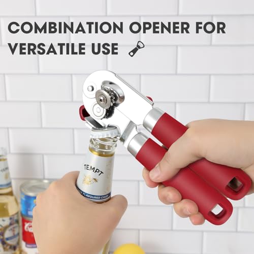 Manual Can Opener Hand Held with Magnet for Home Kitchen (Red)