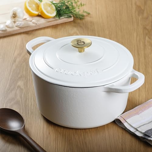 Artisan 5 Quart Round Dutch Oven (Matte Linen White w/ Gold Knob / 5-Quart)
