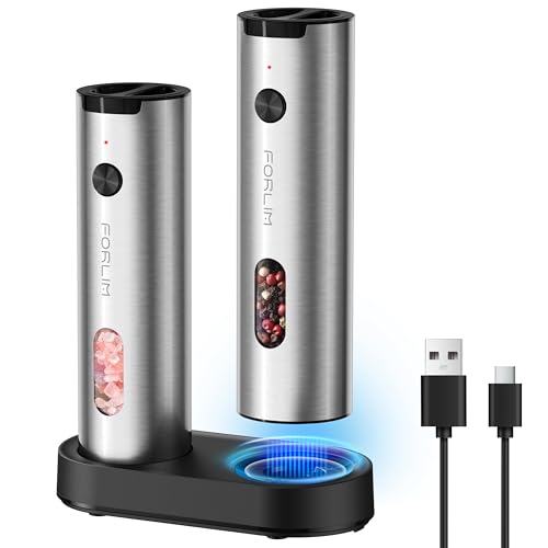 Electric Salt and Pepper Grinder Set Rechargeable (Slim / Bright Silver)