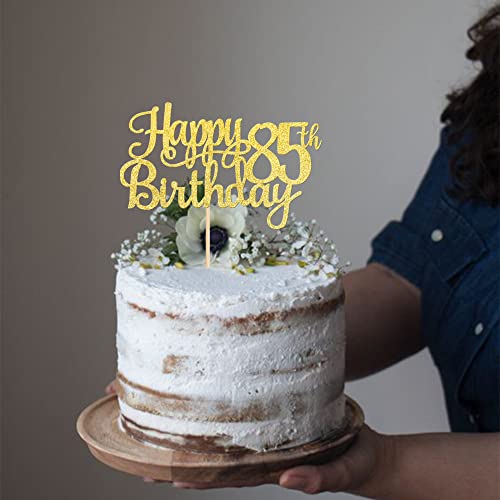 1 PCS Happy 85th Birthday Cake Topper Gold Glitter Cheers to 85 Years Birthday Cake Pick 85 Fabulous Cake Decoration for Happy 85th Birthday Theme Party Decorations Supplies (Gold / 85th)