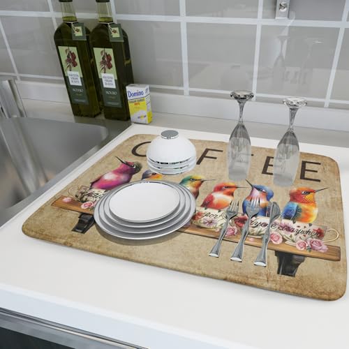 Retro Birds Dish Drying Mat Cups Coffee Mat for Counter Home Coffee Bar Decor Large (Bird Cups 511 / 24" x 18")