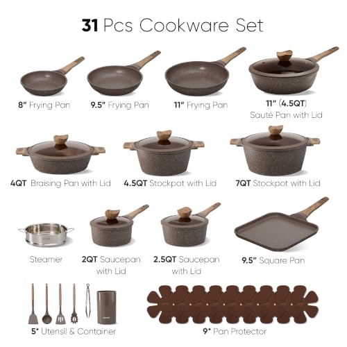 31pcs Nonstick Pots and Pans Set (Brown / 31 Piece)